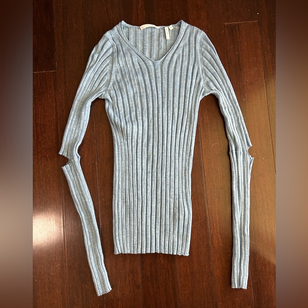 Helmut Lang elbow slash blue long sleeve v neck shirt